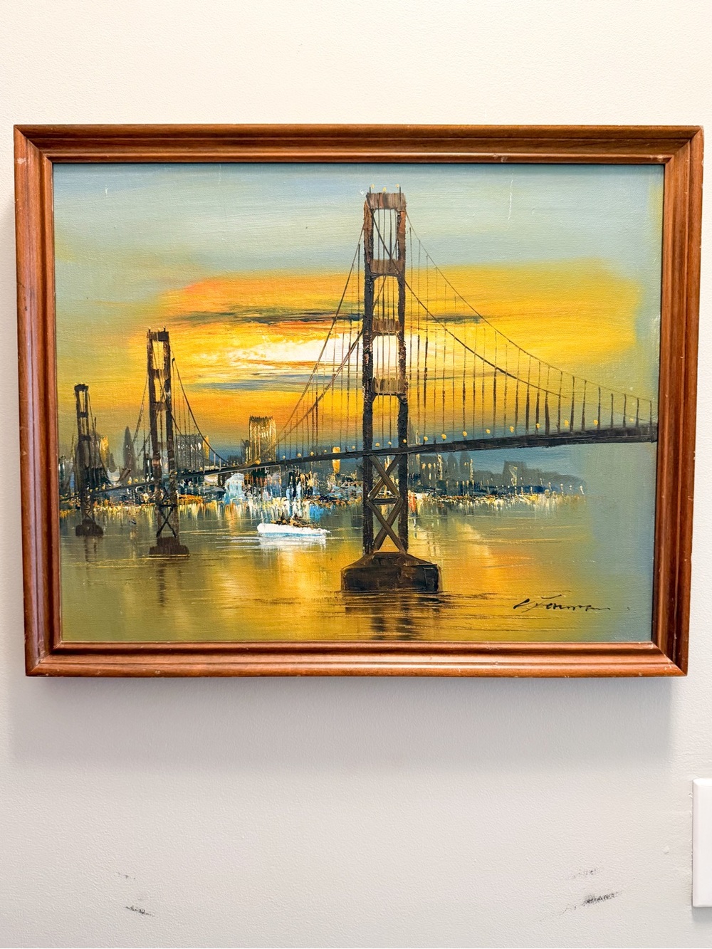 Vintage Mid-Century MCM Oil on Canvas Cityscape Bridge Painting in Wood Frame